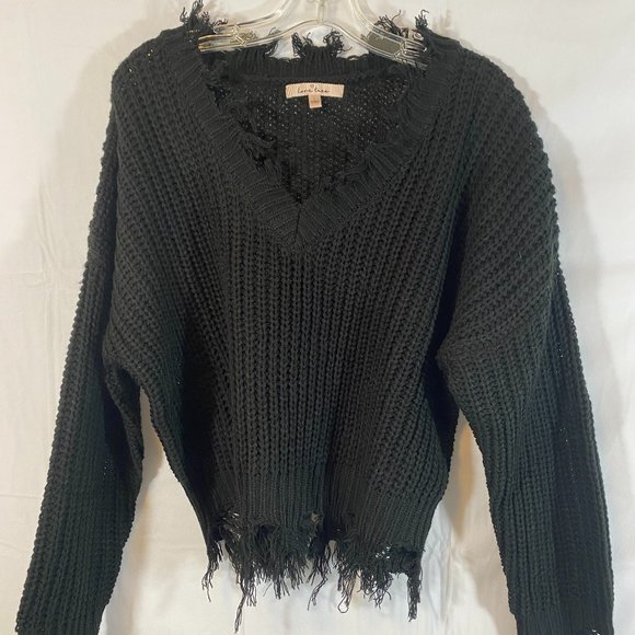 Love Tree Sweaters - Love Tree Distressed Fringy Black V-Neck Long Sleeve Sweater NWOT